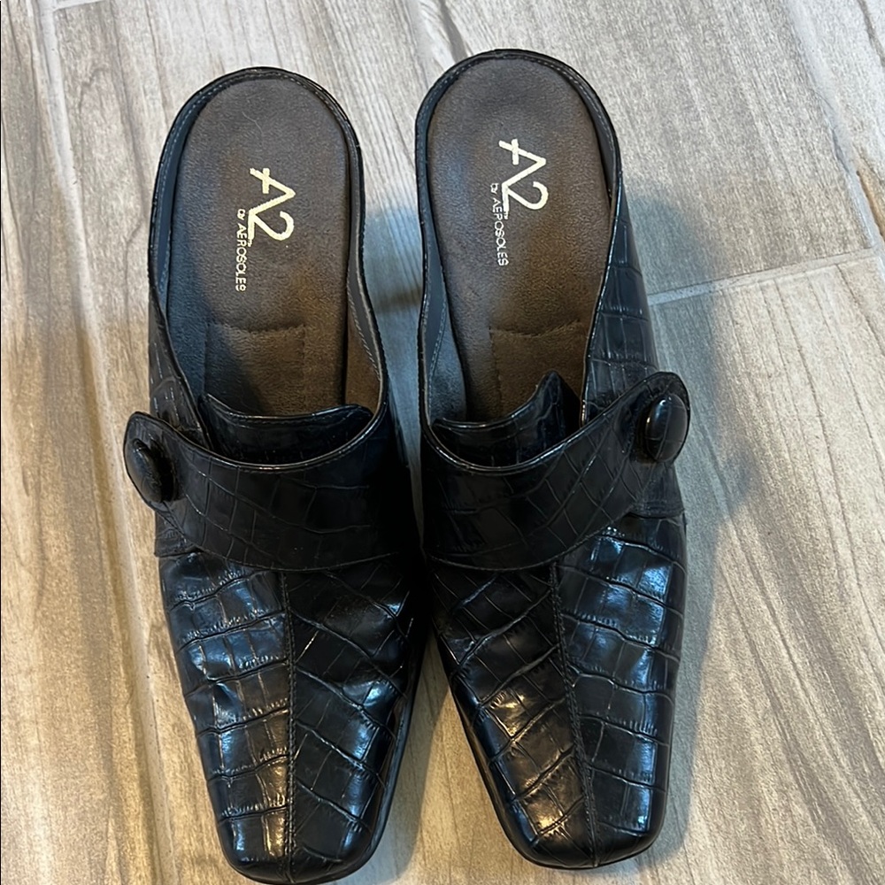 A2 By Aerosoles Black Mules with Croc Texture
